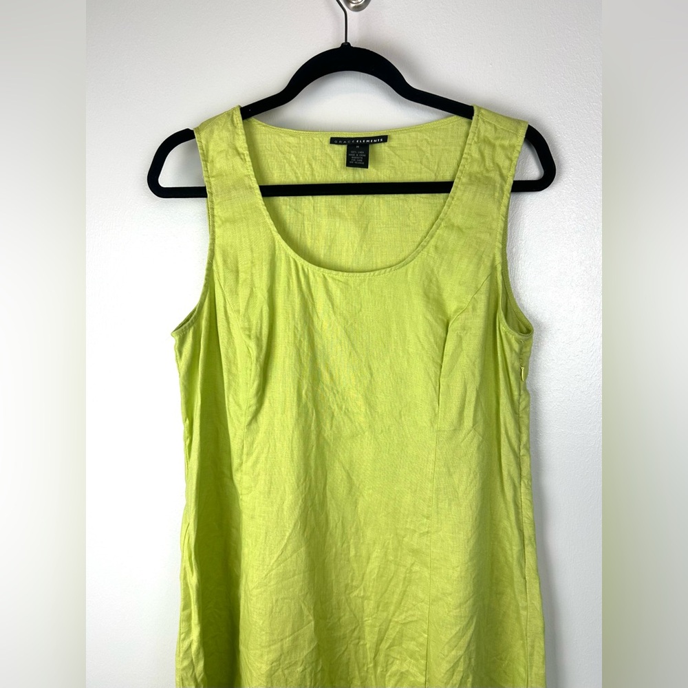 Grace Elements Linen Midi Dress Size Medium Bright Lime Green High Low Lagenlook - Picture 2 of 5
